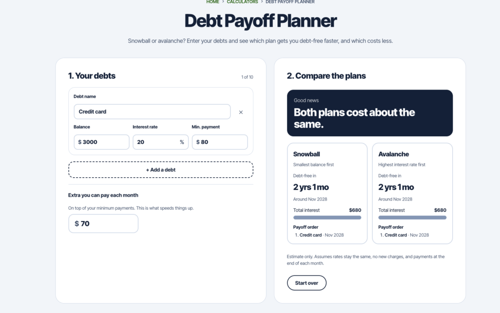 Debt Payoff Planner tool on growingmyfinanaces.com